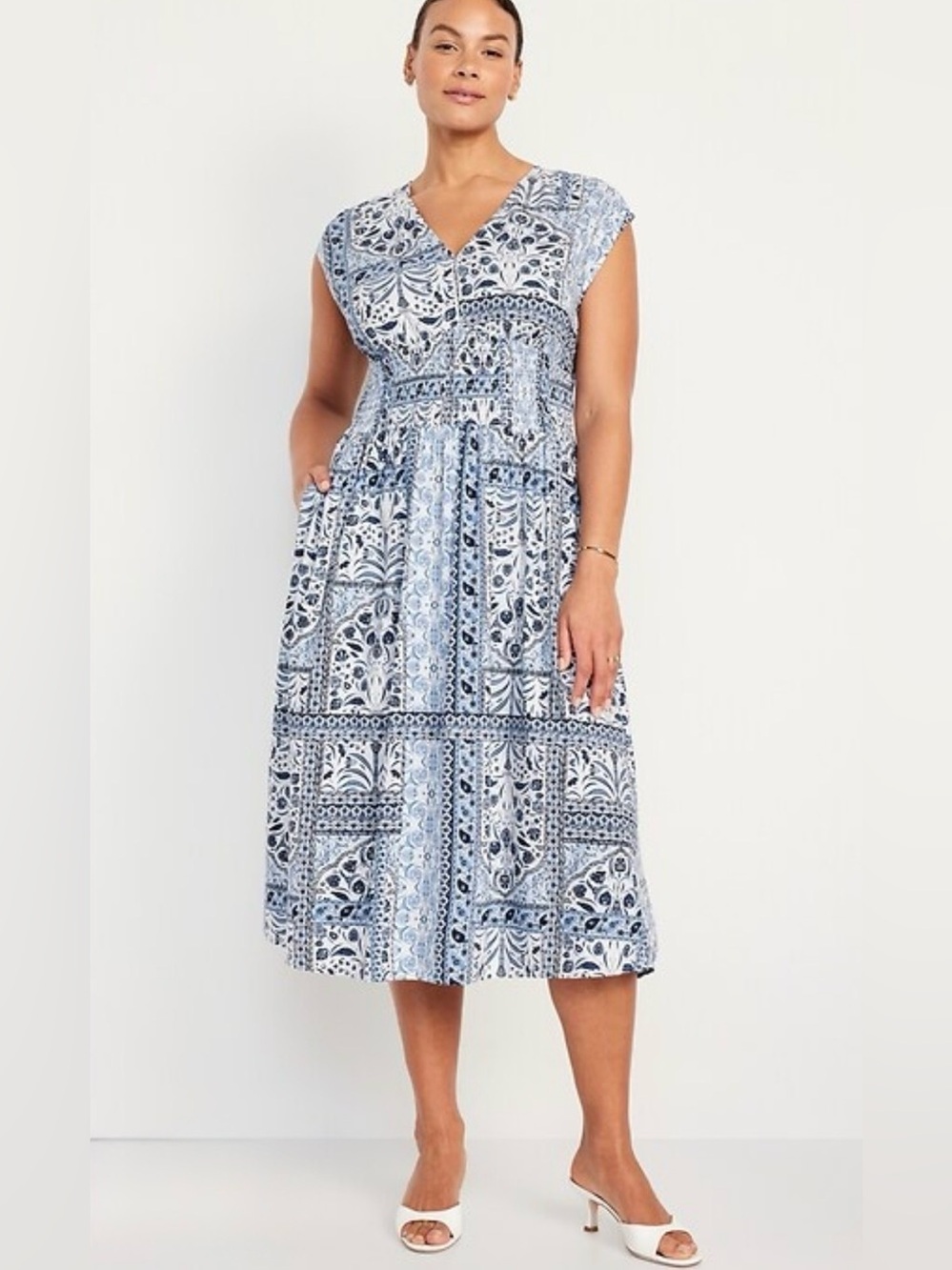 Old Navy Waist-Defined Midi Dress Blue White Mosaic Boho Pockets Small